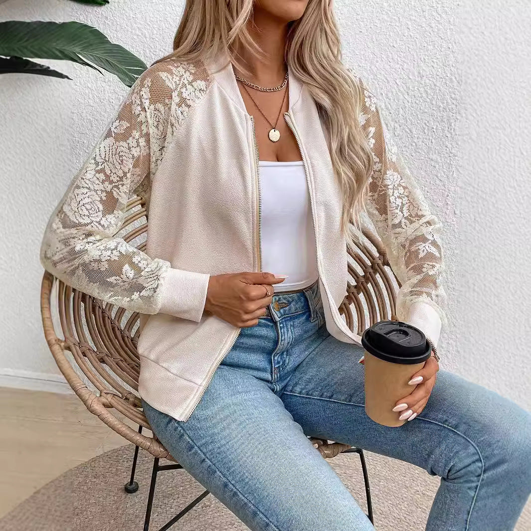 Lace Panel Baseball Collar Long Sleeve Jacket for Women