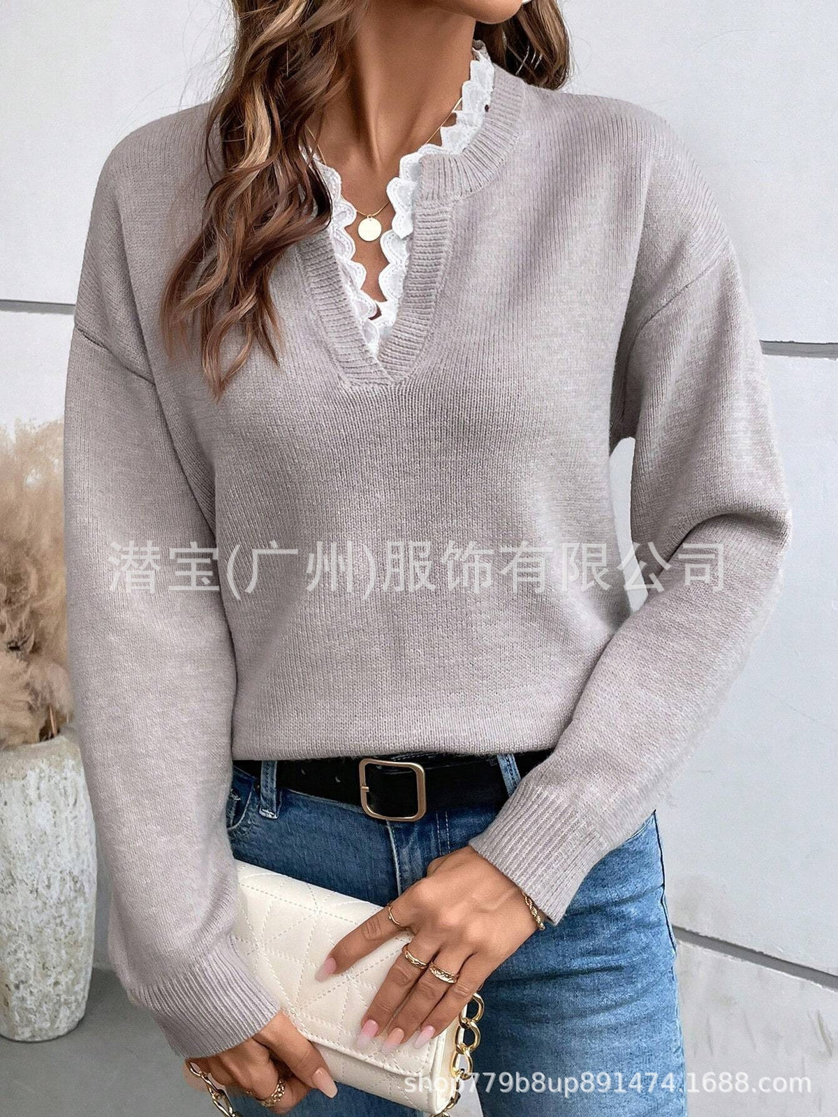 Women's Lace V-Neck Oversized Long Sleeve Knit Sweater