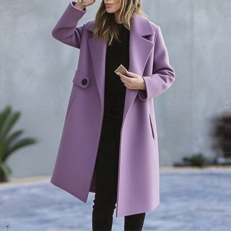 Women Lapel Winter Coat Plus Size Mid-Length Pocket