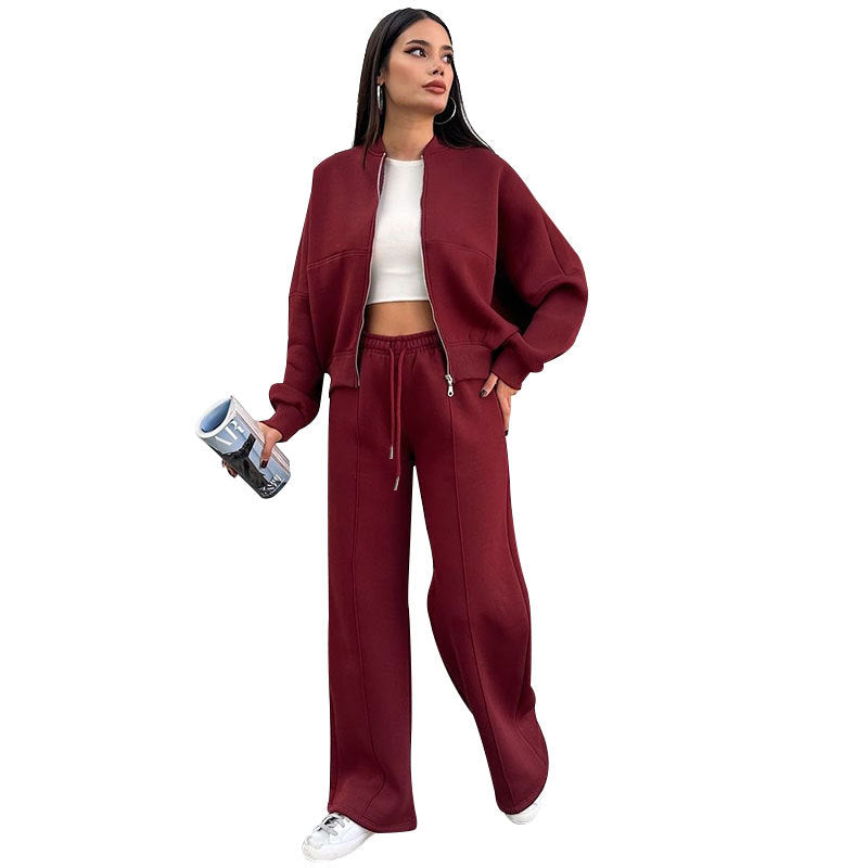 Women's Fleece Lined Zip Up Jacket Wide Leg Pants Set