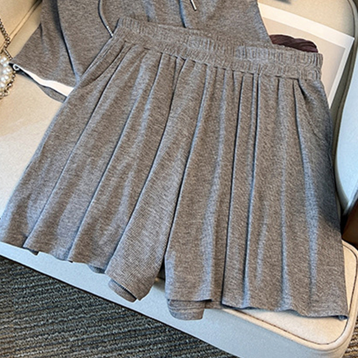Women's Plus Size Hooded Top and Pleated Shorts Set