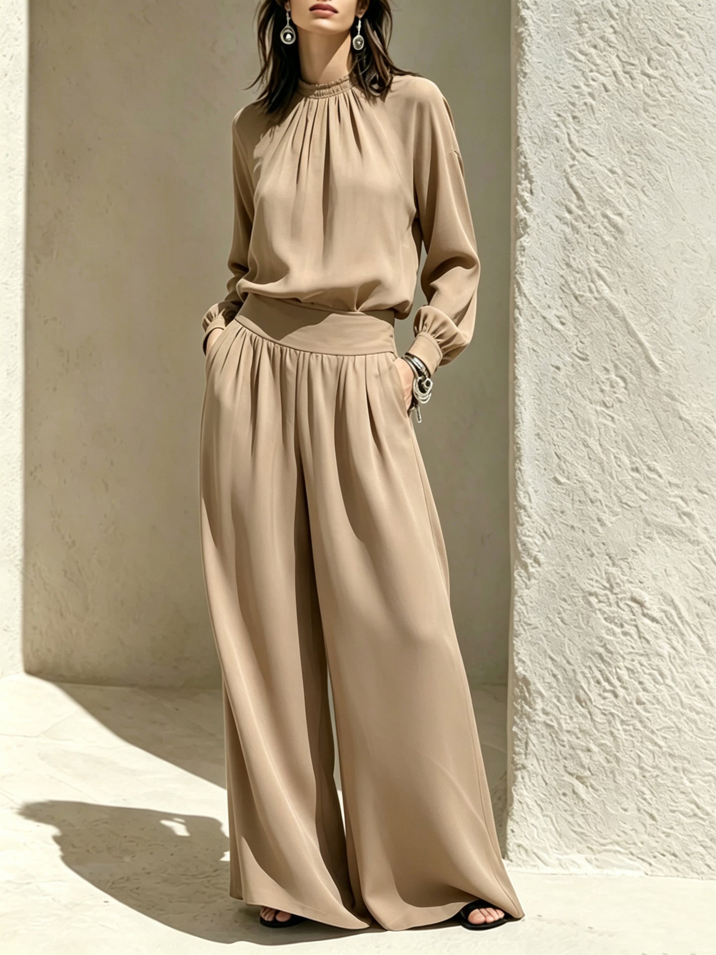 Women's Chic Mock Neck Wide Leg Pants Two Piece Set