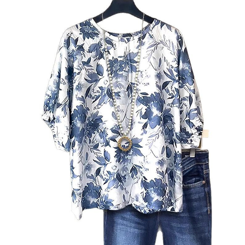 Women's Oversized Blue Floral 3/4 Sleeve Tunic Top