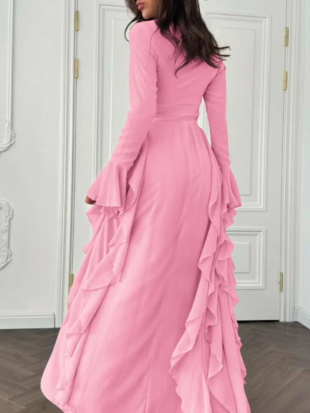 Elegant Chiffon Bell Sleeve Ruffle Maxi Dress