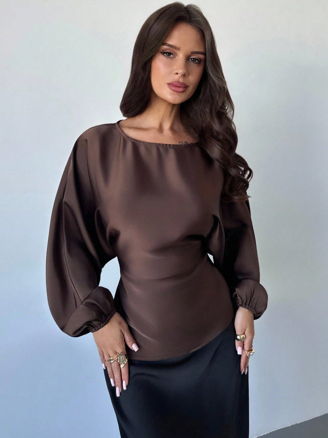 Satin Batwing Blouse Round Neck Tie Waist Top