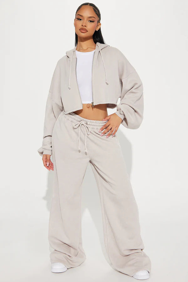Women's Two Piece Crop Zip Hoodie Wide Leg Sweatpants Set
