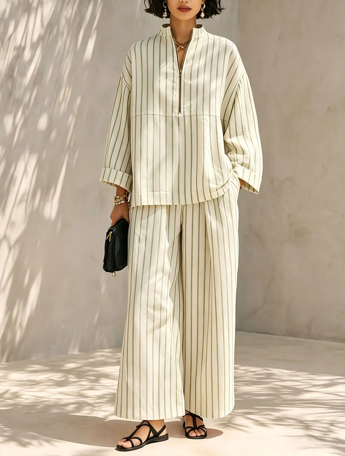Women's Striped Half Zip Top Wide Leg Pants Set