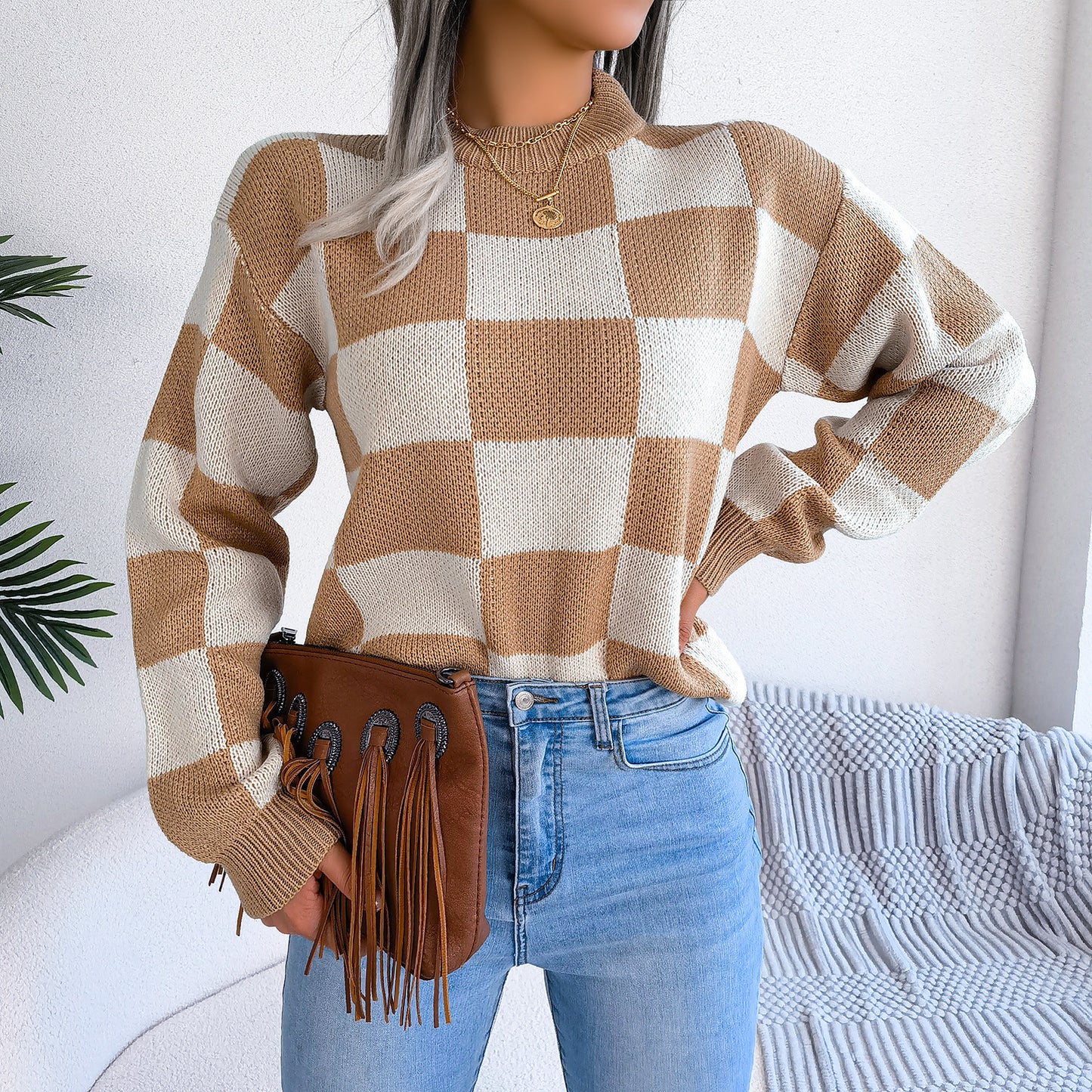 2025 Fall/Winter Colorblock Checkered Knit Sweater - Street Style