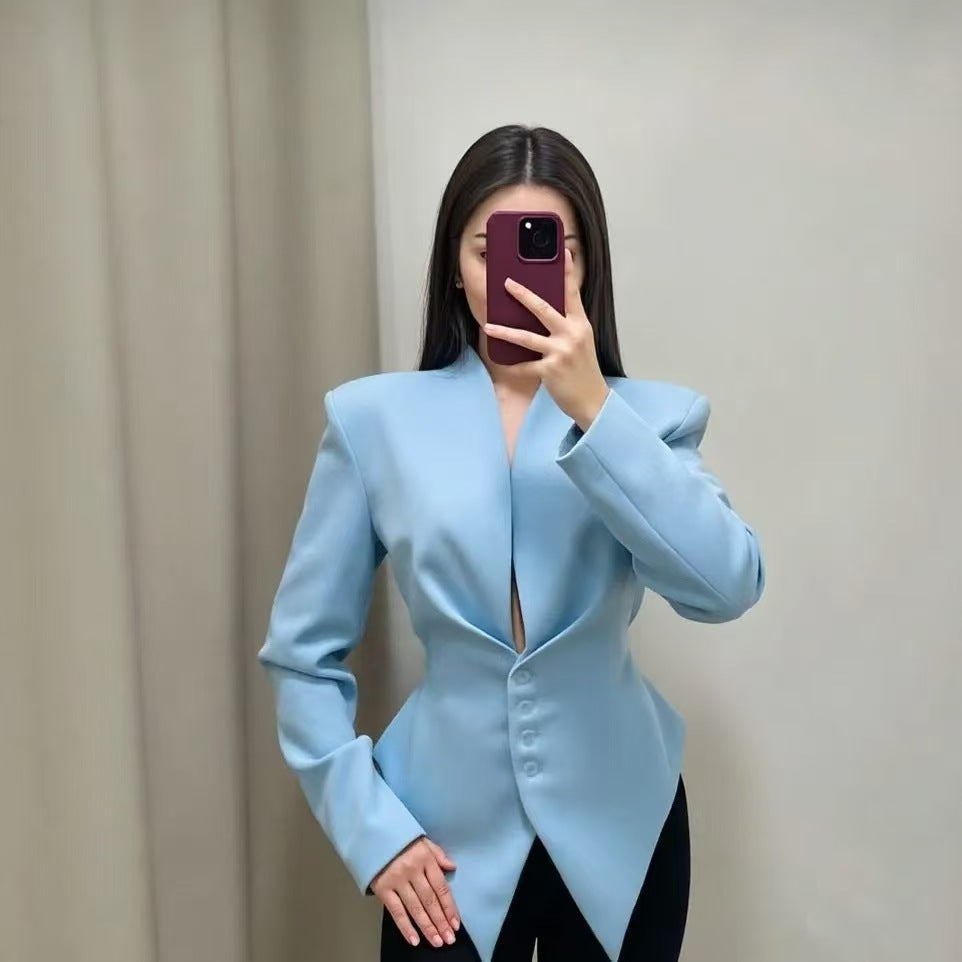 Women's V-Neck Cinched Waist Blazer Asymmetric Hem