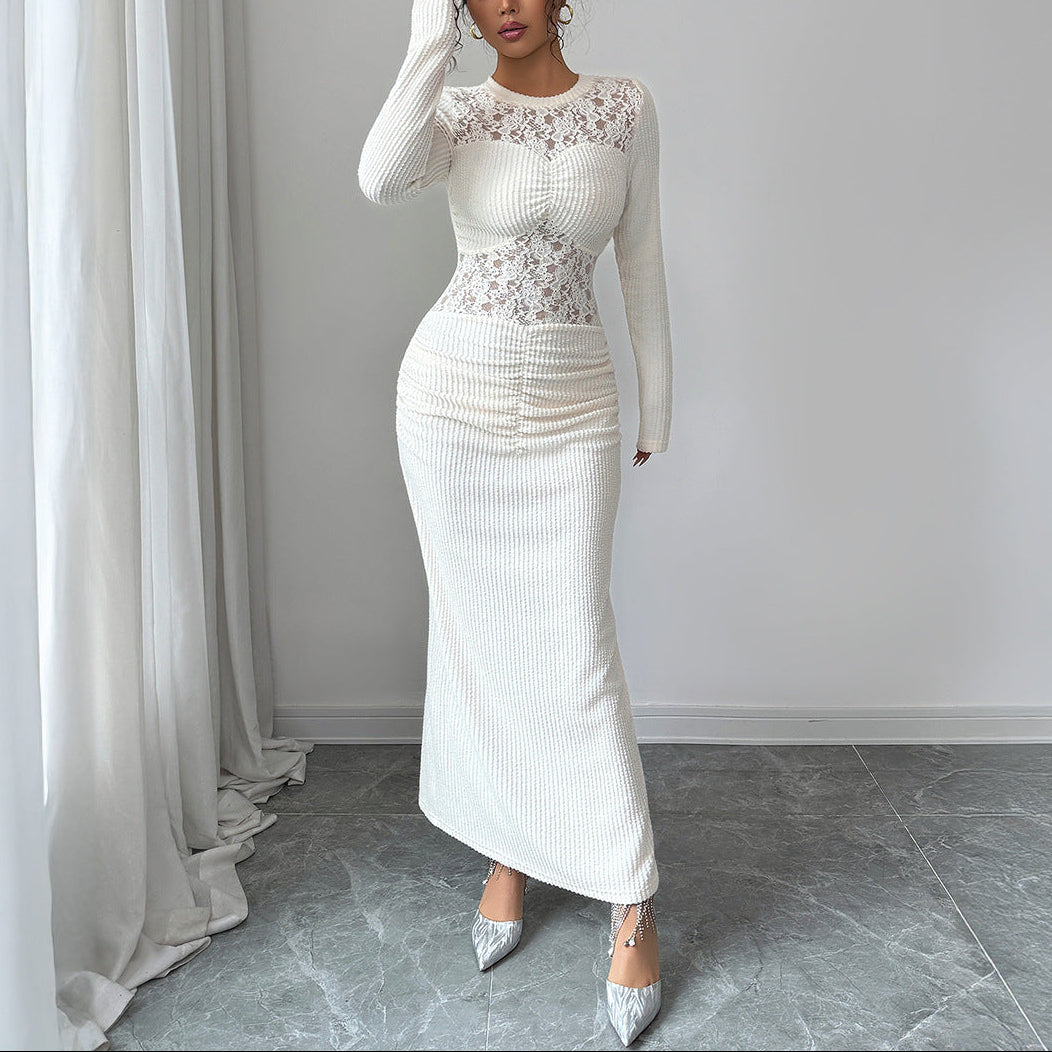 Elegant Lace Panel Ribbed Bodycon Long Sleeve Maxi Dress