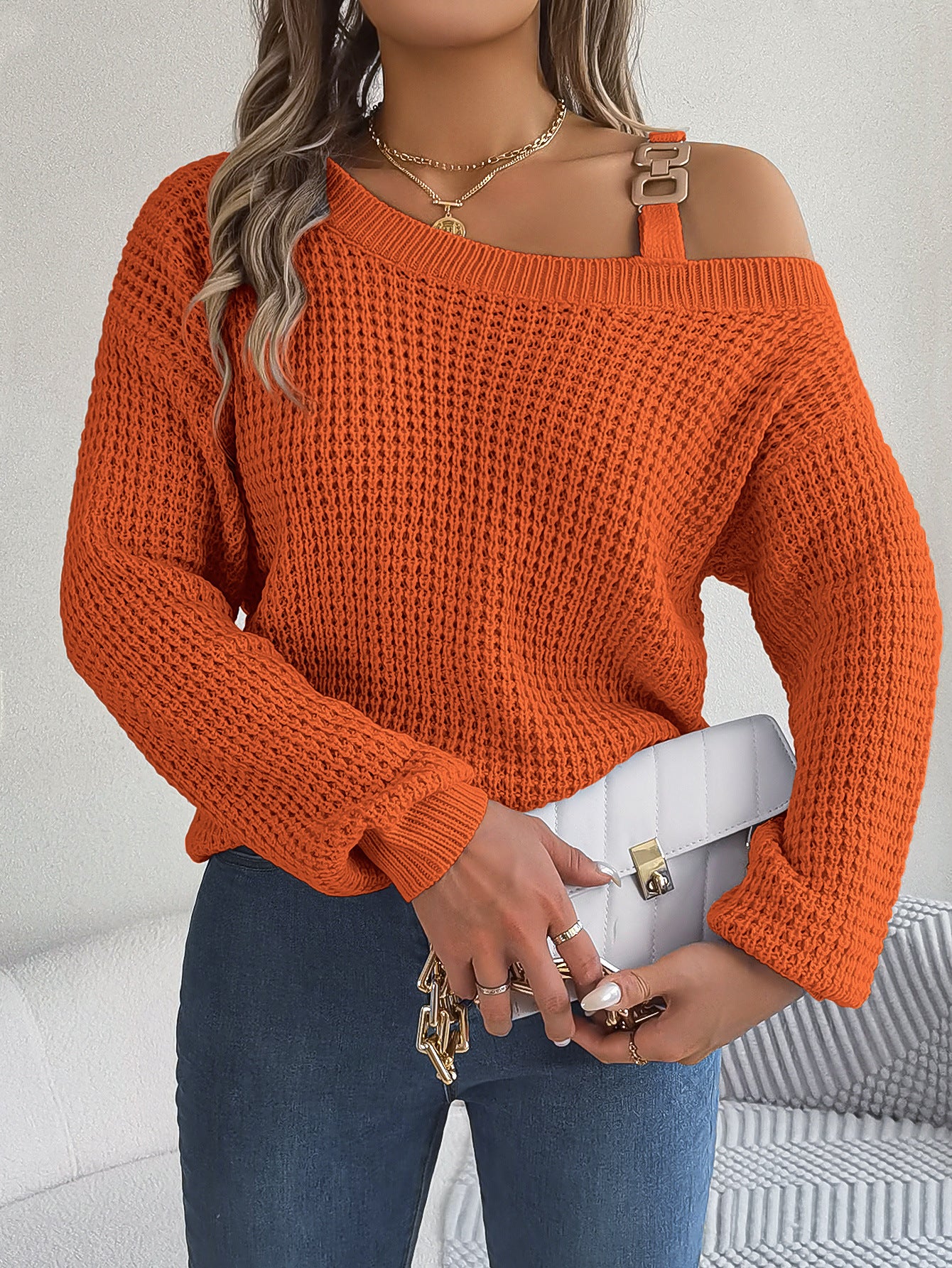 2025 Fall Winter Casual Off-Shoulder Lantern Sleeve Sweater with Metal Accents