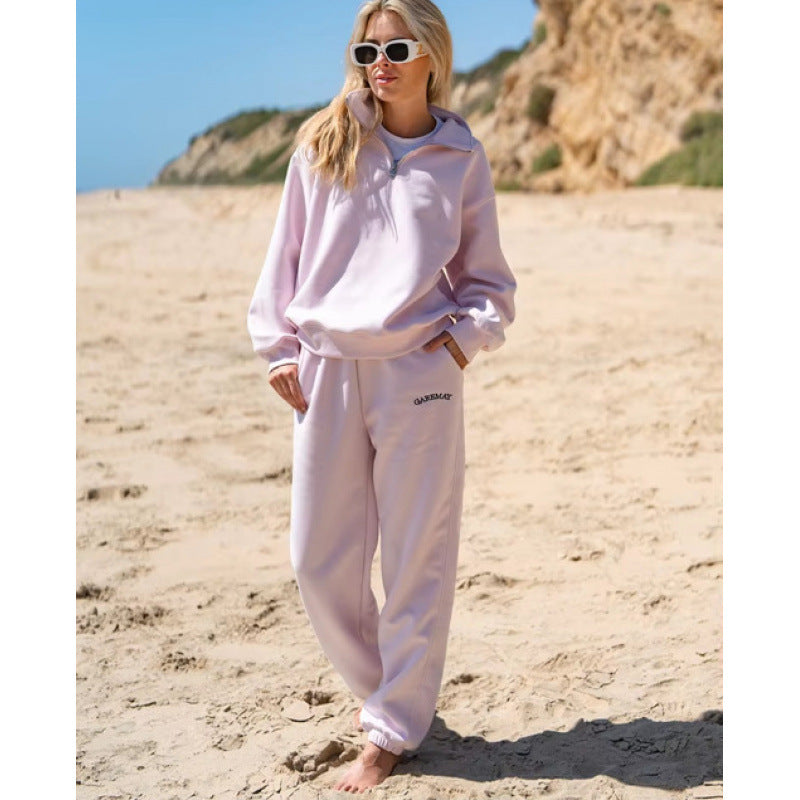 Women's Embroidered Quarter Zip Sweatsuit Jogger Set