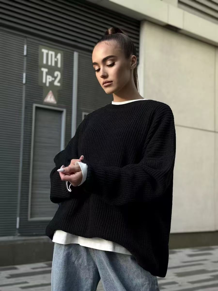 Women's Oversized Crew Neck Knit Sweater Balloon Sleeve