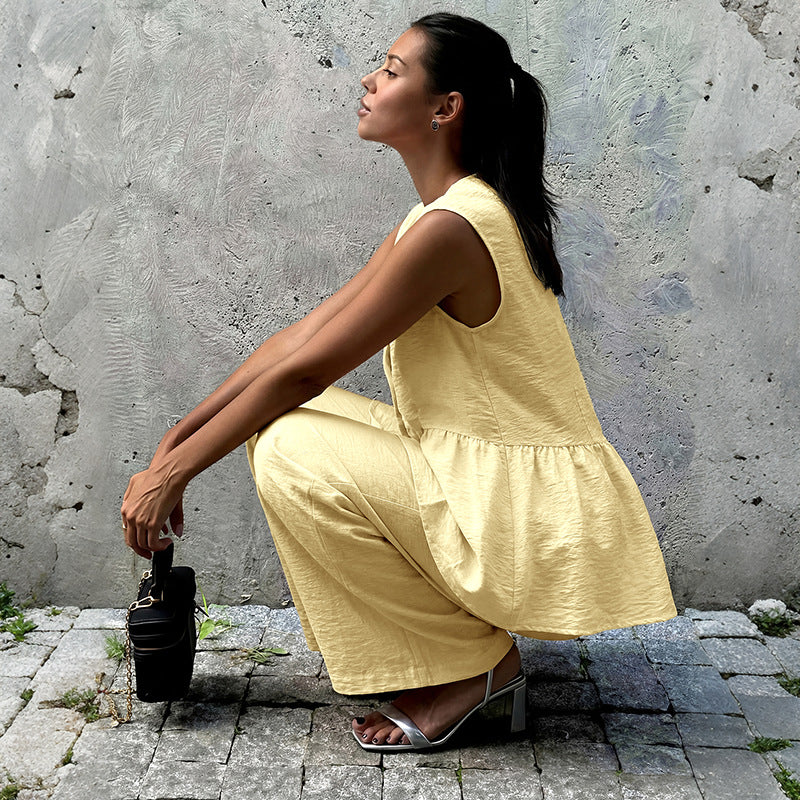Faux Linen Peplum Vest Wide Leg Pants Matching Set