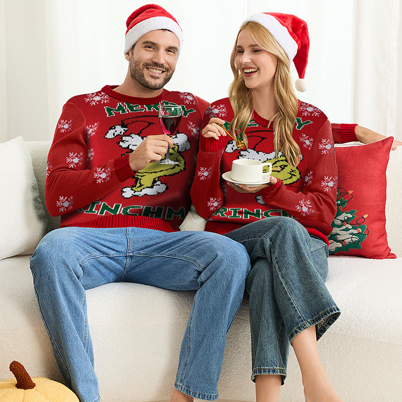 Family Matching Grinch Christmas Sweaters Red Knit Pullover