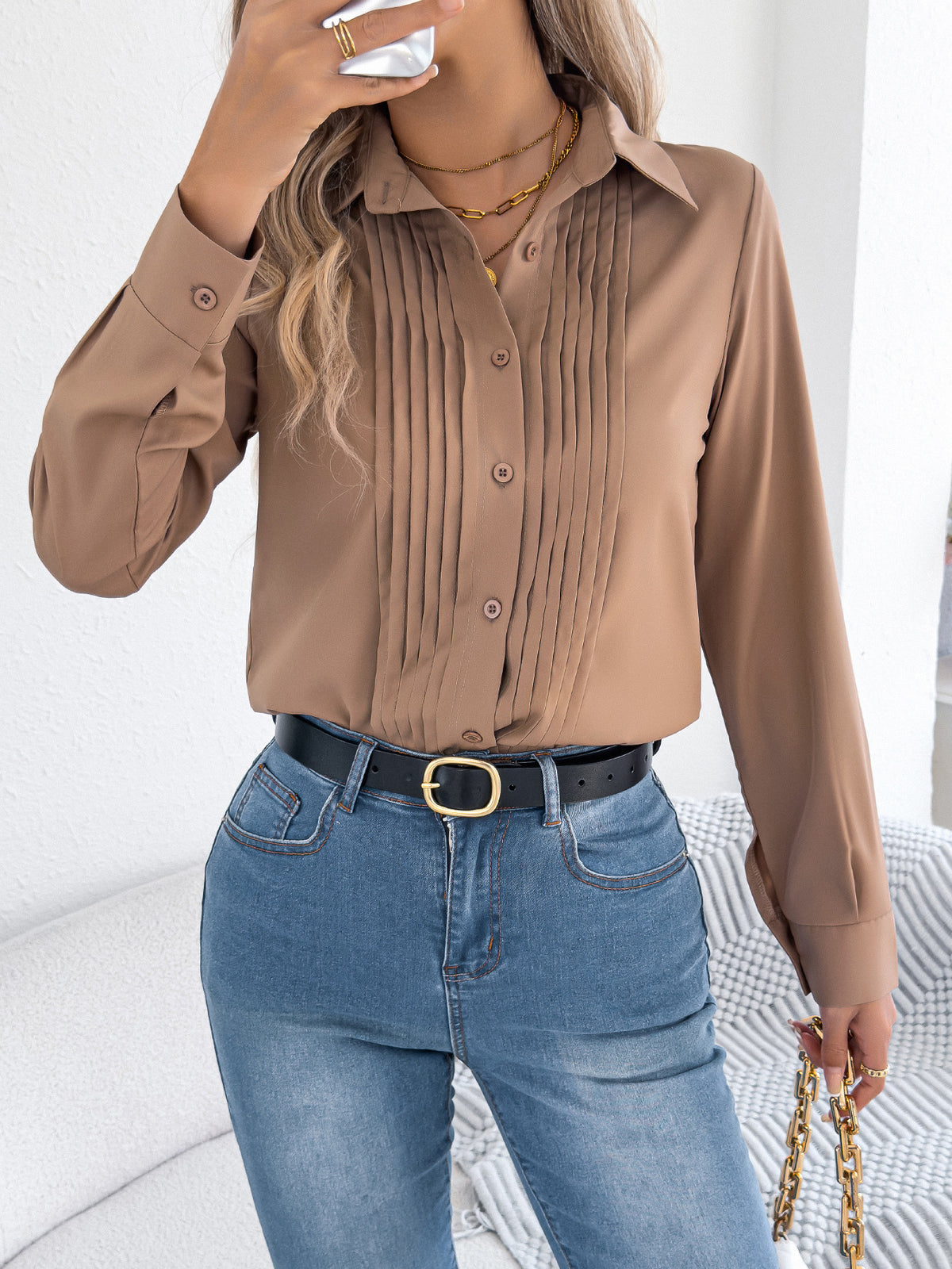Women's Pleated Button Front Long Sleeve Work Blouse