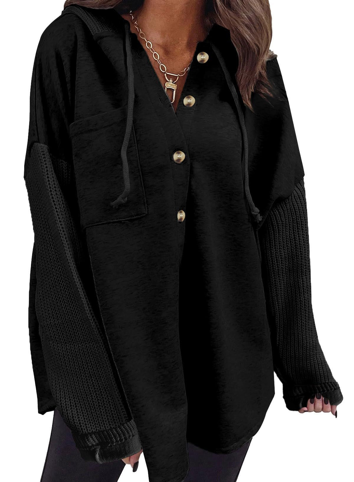 2025 Fall/Winter Colorblock Knit Sleeve Hoodie – Casual Button Down Top
