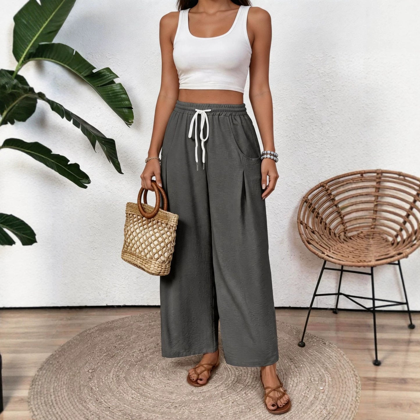 Women's High Waist Wide Leg Drawstring Pants with Pockets