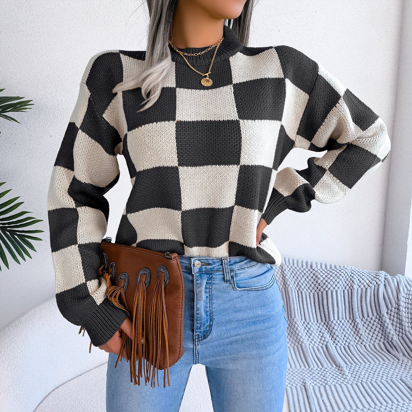 2025 Fall/Winter Colorblock Checkered Knit Sweater - Street Style