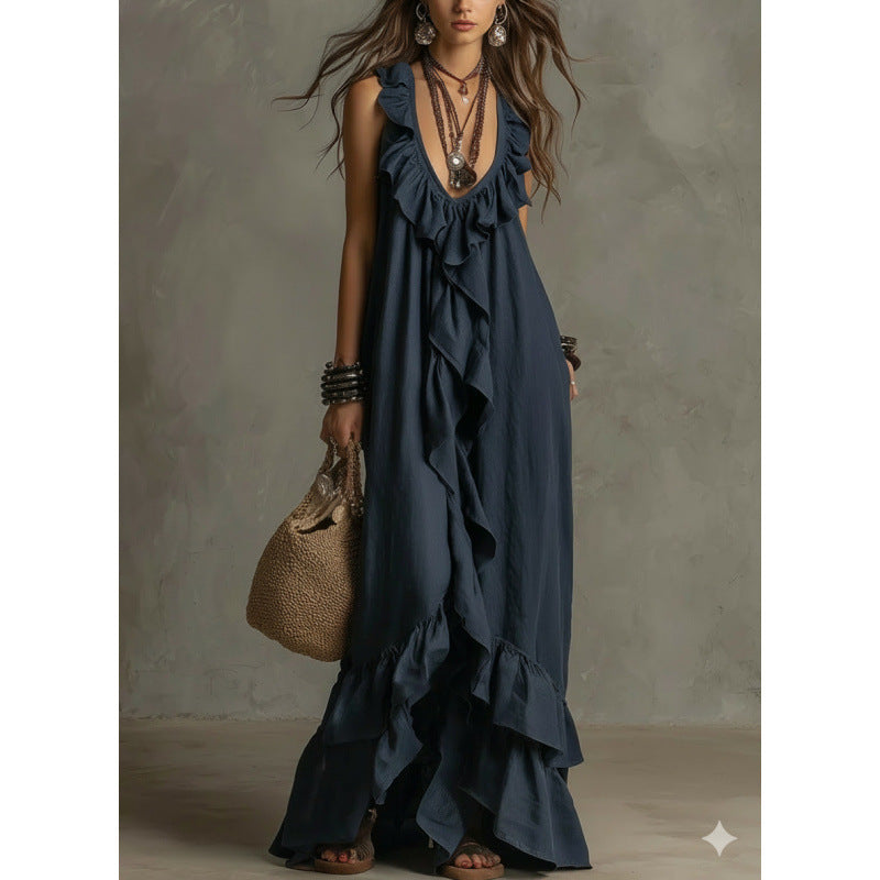 Women's Boho Ruffle V-Neck Sleeveless Maxi Dress