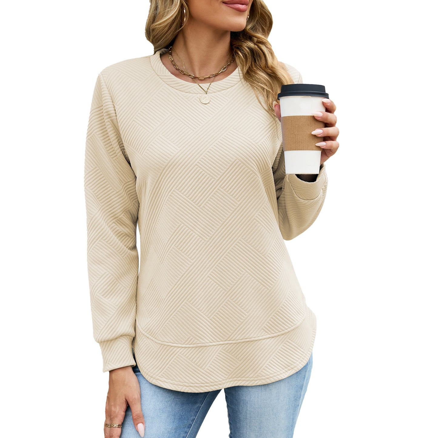Quilted Textured Sweatshirt Crew Neck Loose Top