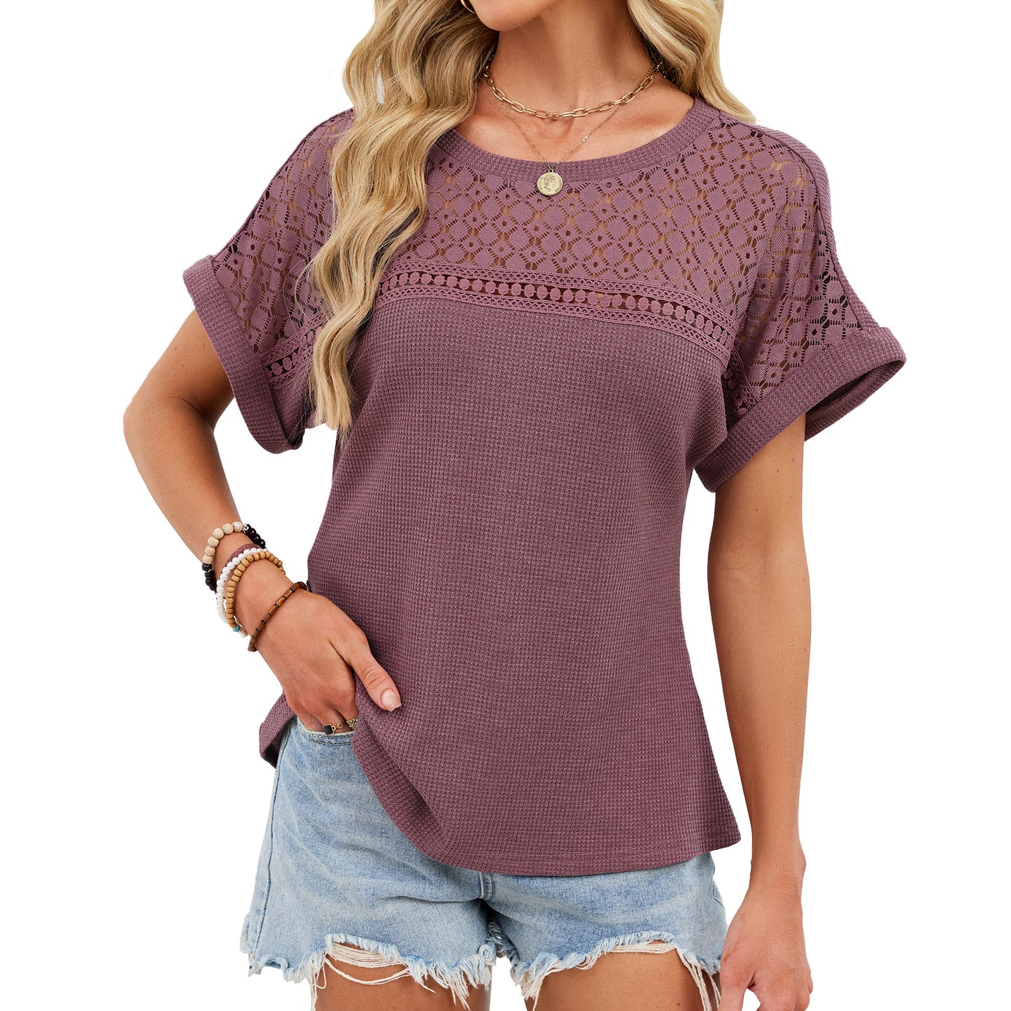 Crochet Lace Yoke Short Sleeve Waffle Knit Casual Top