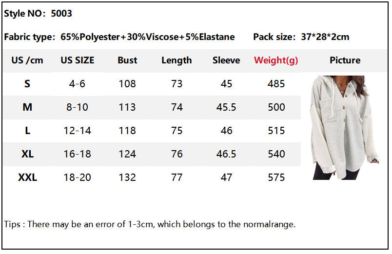 2025 Fall/Winter Colorblock Knit Sleeve Hoodie – Casual Button Down Top