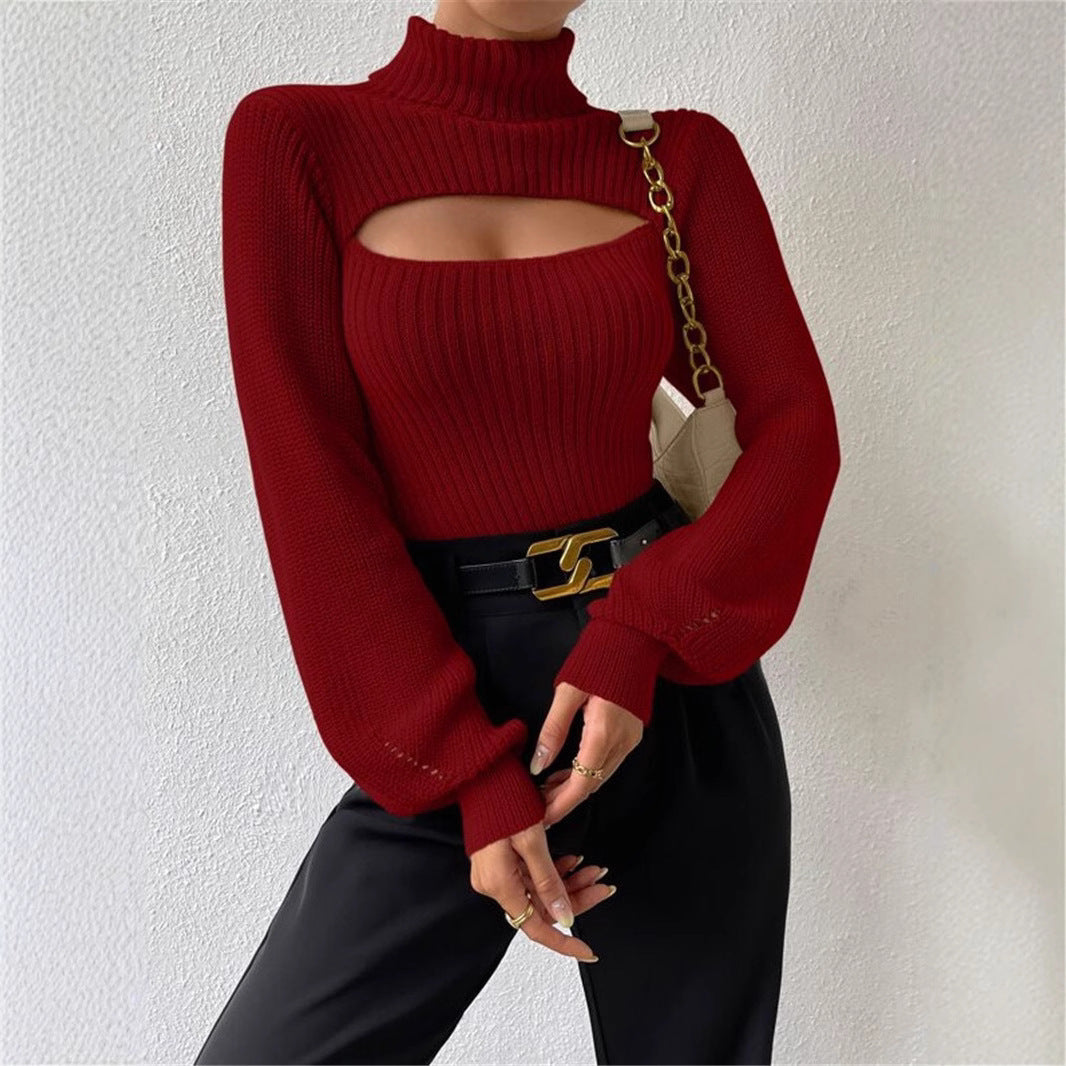 Cutout Turtleneck Ribbed Sweater Long Sleeve Top
