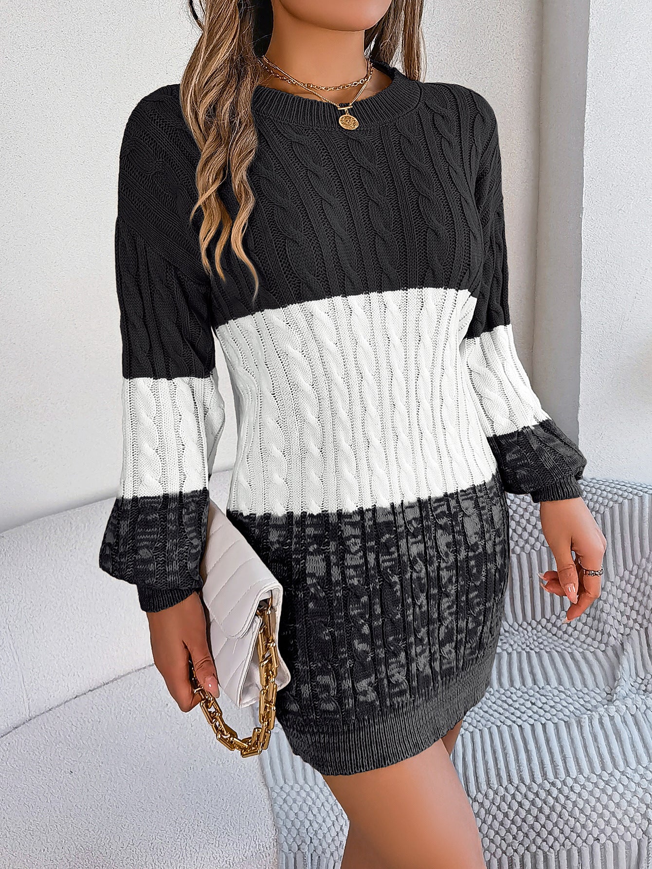 2025 Fall Winter Colorblock Cable Knit Lantern Sleeve Sweater Dress