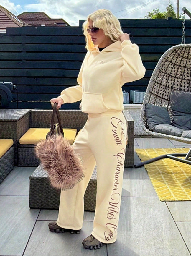 Embroidered Hoodie Lounge Set Wide Leg Sweatpants