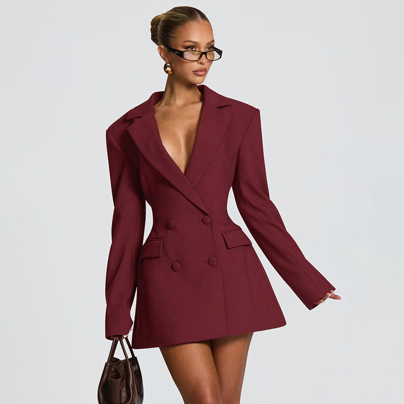 Blazer Dress Deep V Neck Long Sleeve Cinched Waist Mini