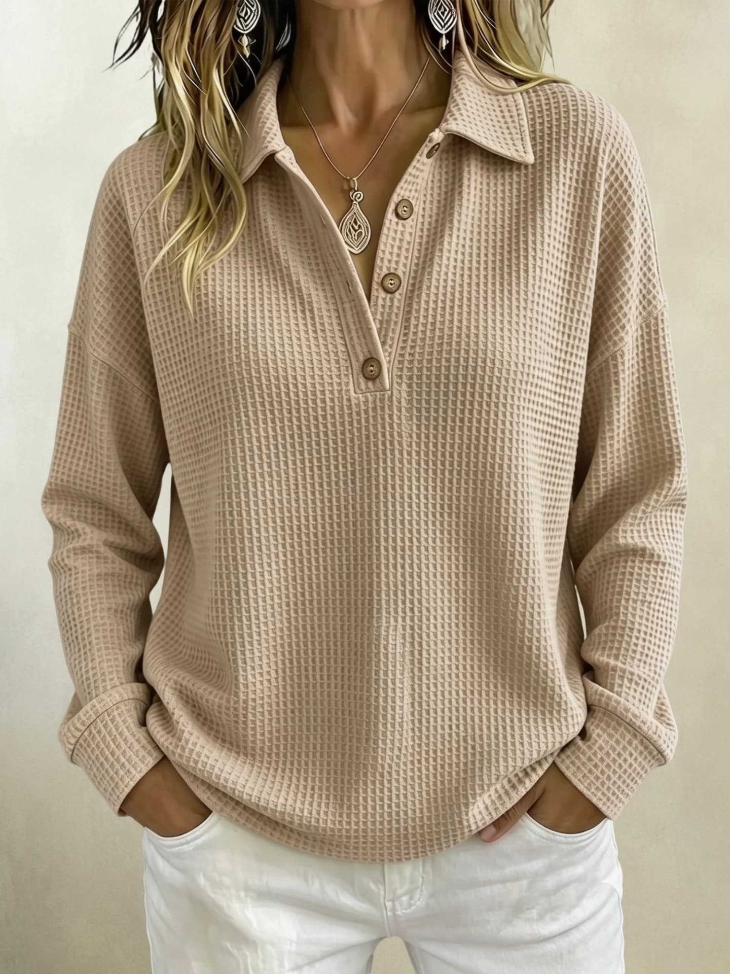 Women's Waffle Knit Polo Shirt Long Sleeve Button Top