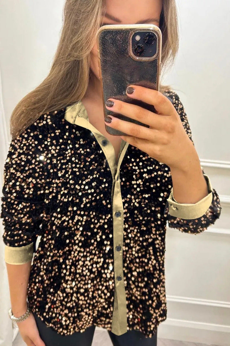 Women's Sequin Long Sleeve Button Down Collared Shirt