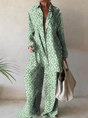 Matching Set Abstract Print Oversized Shirt Wide Leg Pants