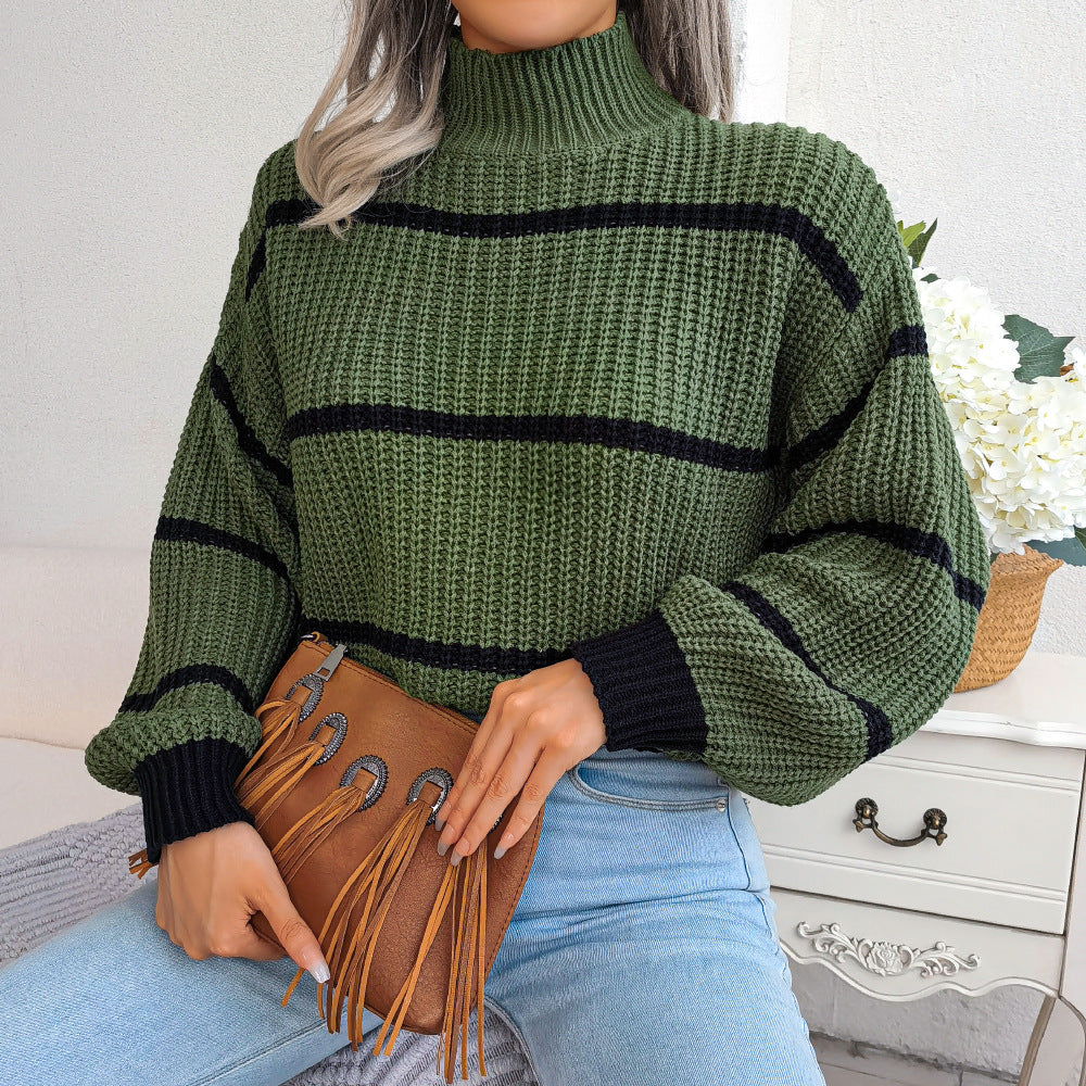 2025 Fall/Winter Casual Striped Lantern Sleeve Knit Sweater