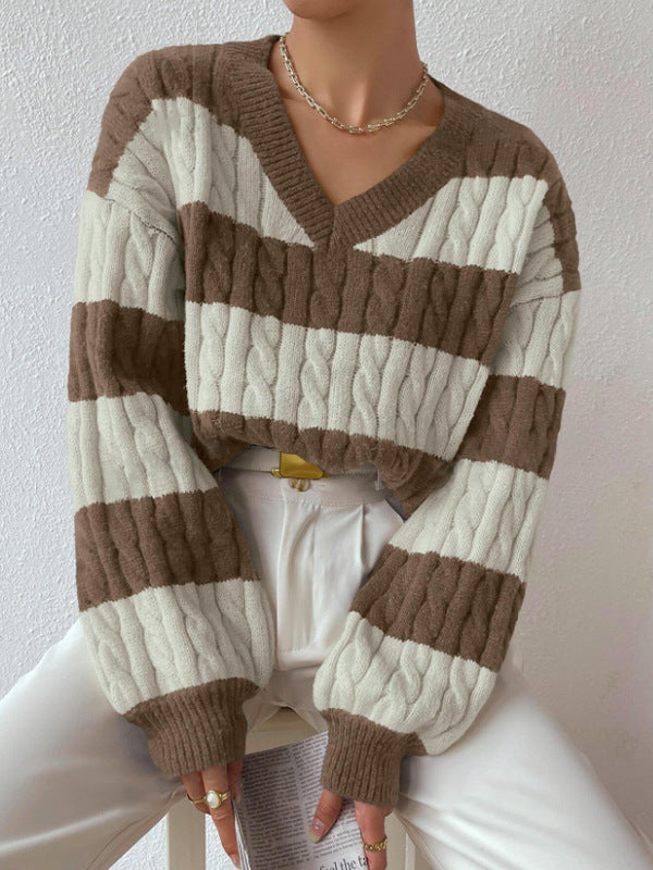 Women's Oversized V-Neck Striped Cable Knit Sweater