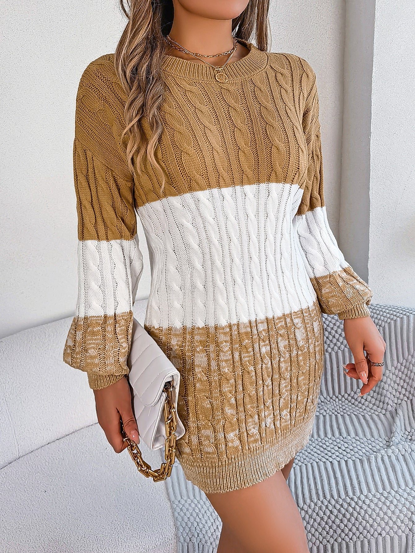 2025 Fall Winter Colorblock Cable Knit Lantern Sleeve Sweater Dress