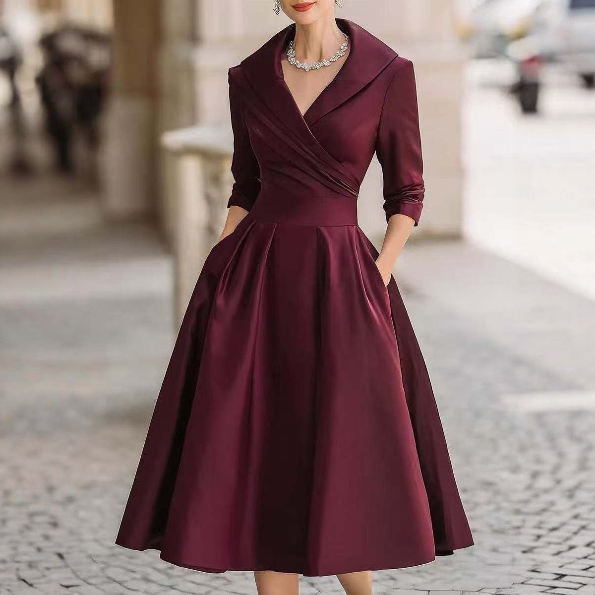 Women's Vintage Fit and Flare Blazer Midi Dress Long Sleeve
