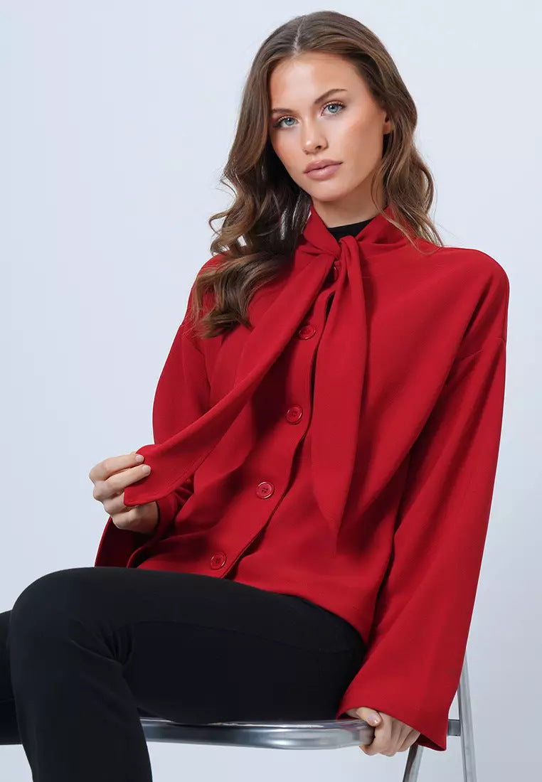 Women's Tie Neck Button Front Long Sleeve Top