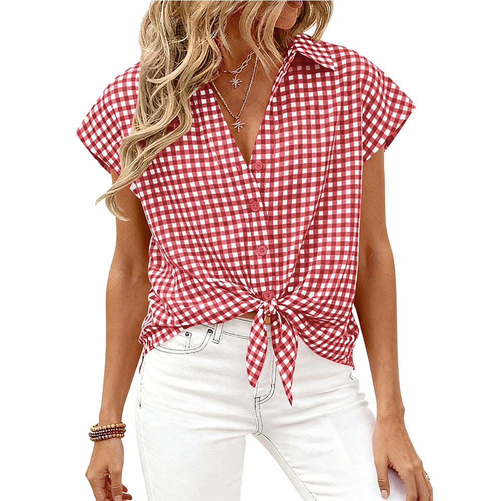Gingham Button Down Short Sleeve Loose Fit Blouse