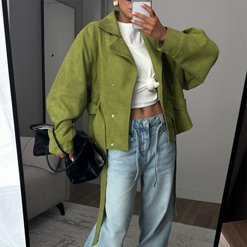 Women's Belted Cropped Jacket Stand Collar Trench Coat
