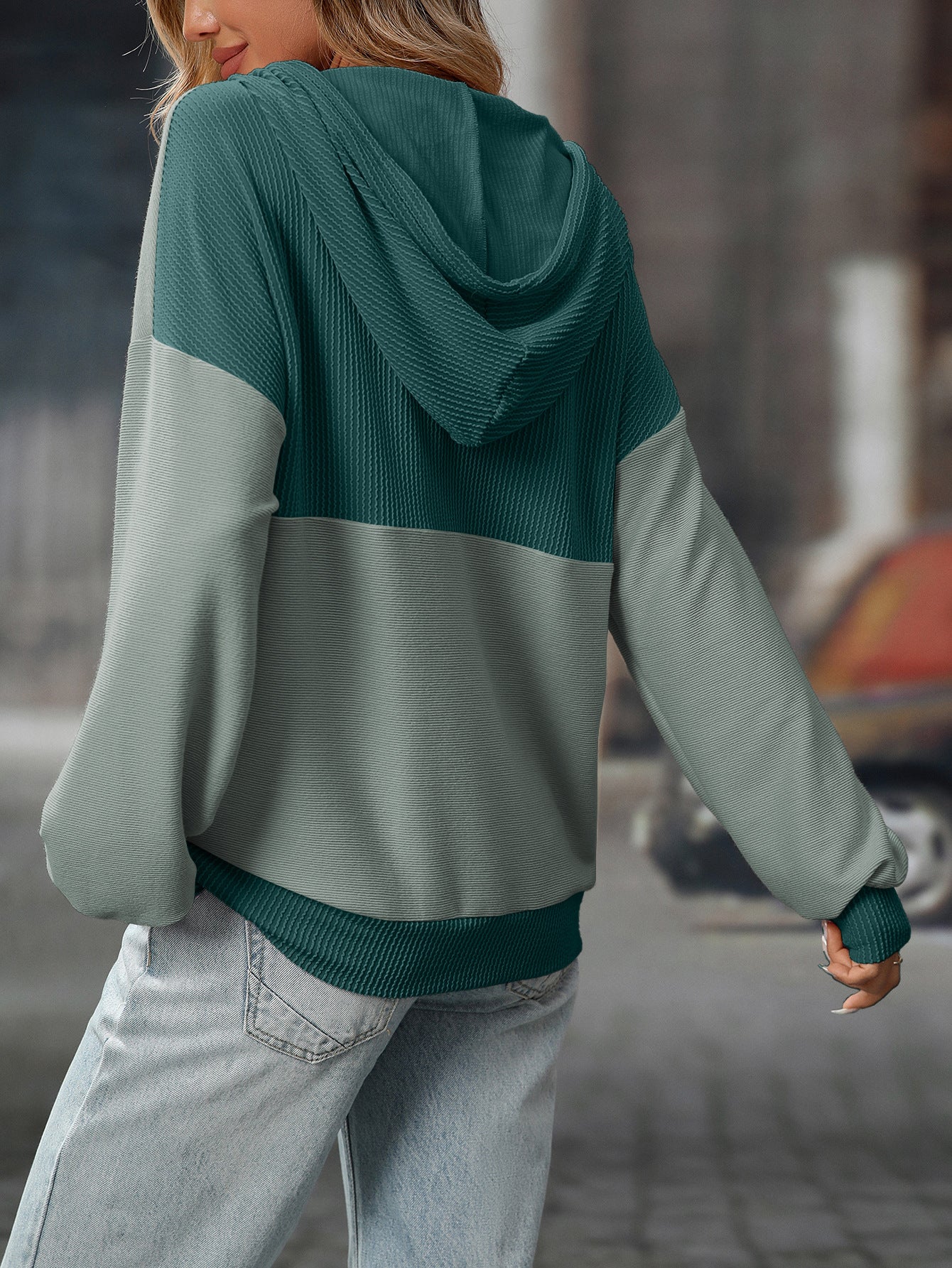 2025 Fall/Winter Colorblock Knit Trim Hoodie – Casual Pullover Sweatshirt