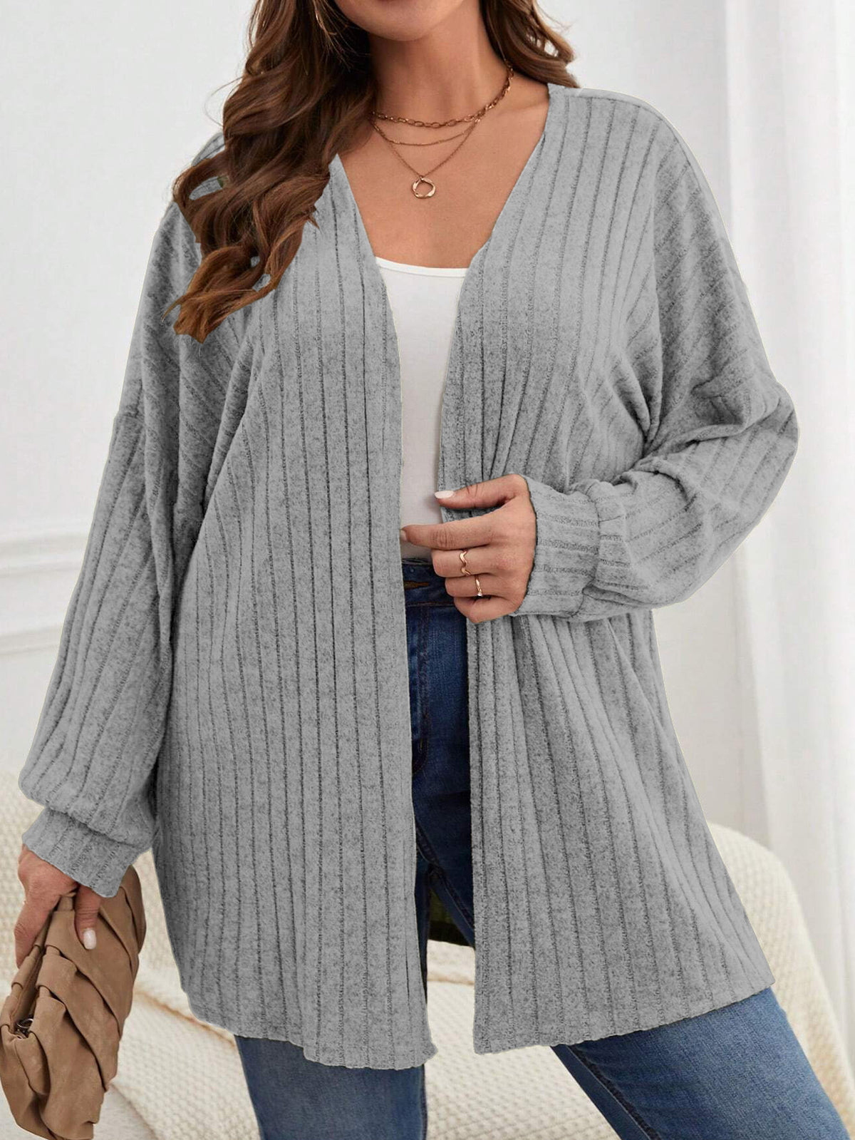 Women's Open Front Ribbed Knit Long Sleeve Cardigan
