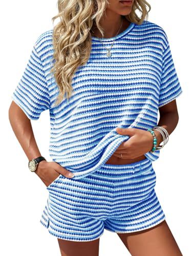 Textured Stripe Lounge Set Crew Neck Tee and Shorts Set