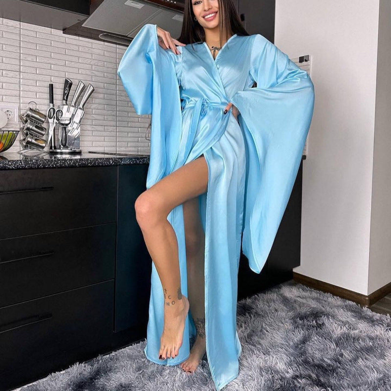 Women's Satin Maxi Wrap Dress Long Sleeve Tie Waist Slit
