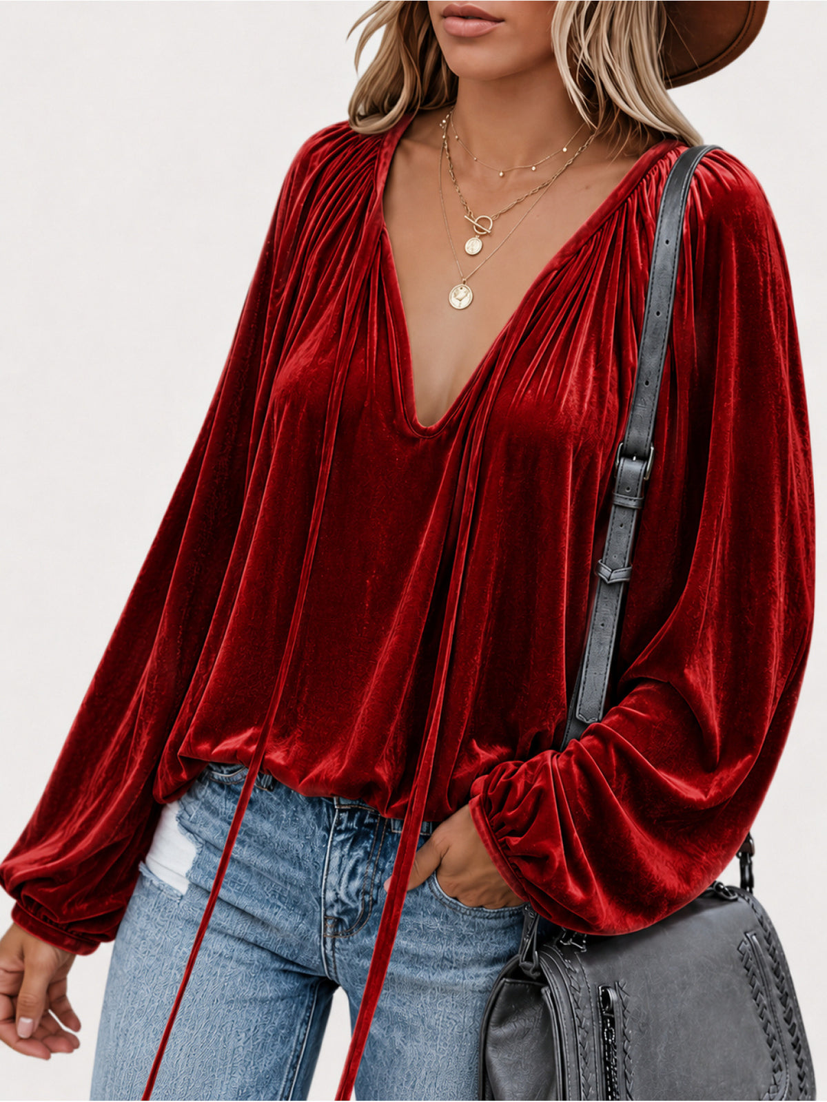 Women's Velvet V-Neck Drawstring Long Sleeve Blouse
