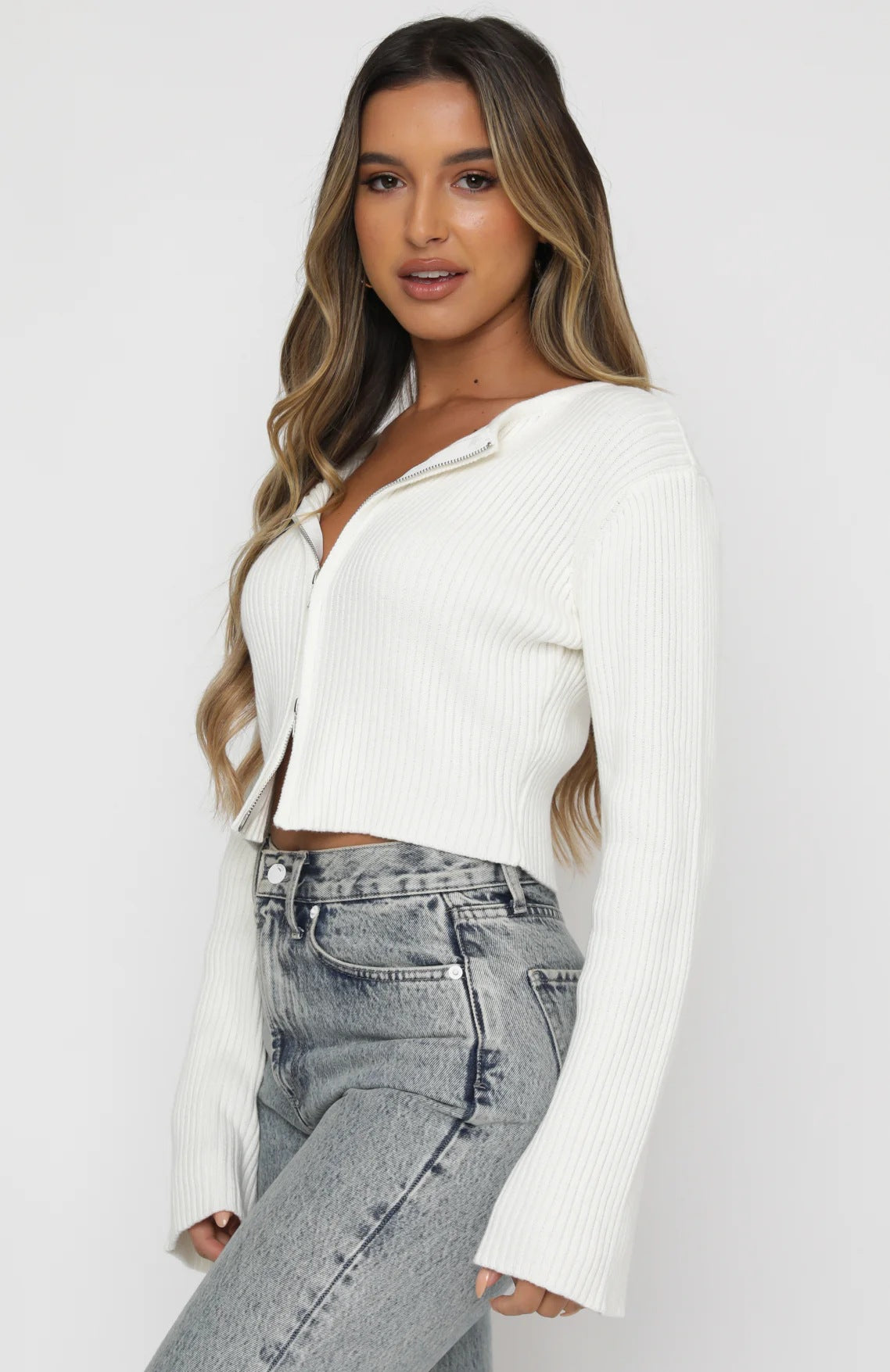 Women’s Ribbed Zip-Up Cropped Sweater with Flare Sleeves