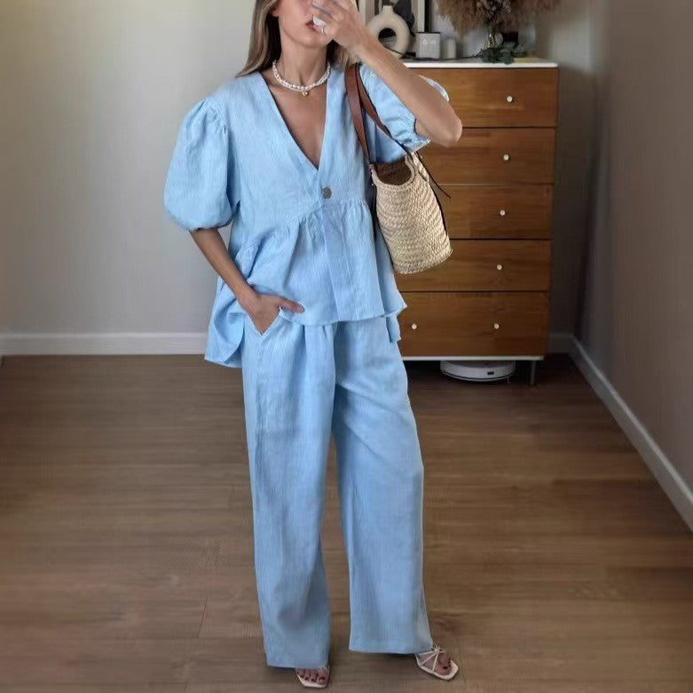 Linen Blend Puff Sleeve V-Neck Top & Wide Leg Pants Set