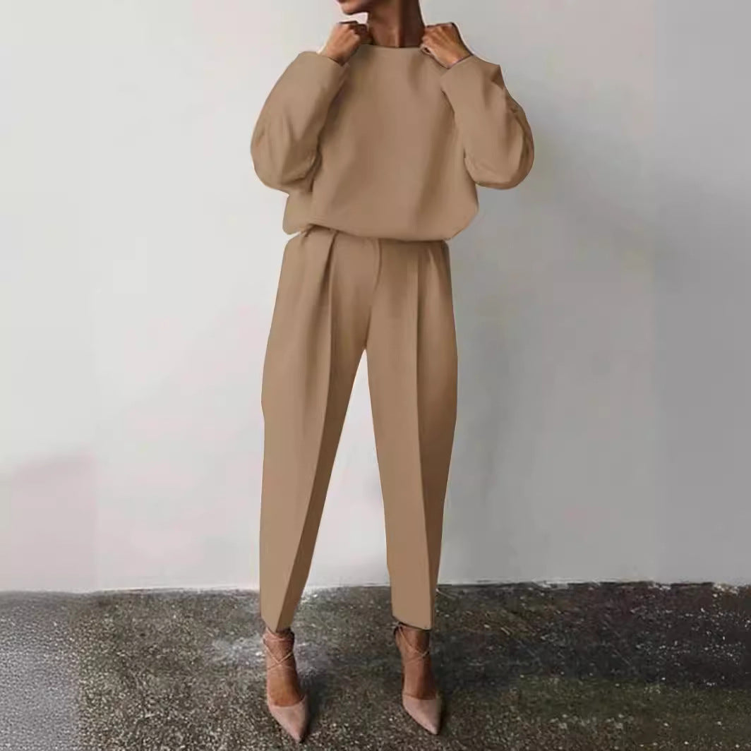 Women's Solid Casual Two Piece Set Long Sleeve Top Pants