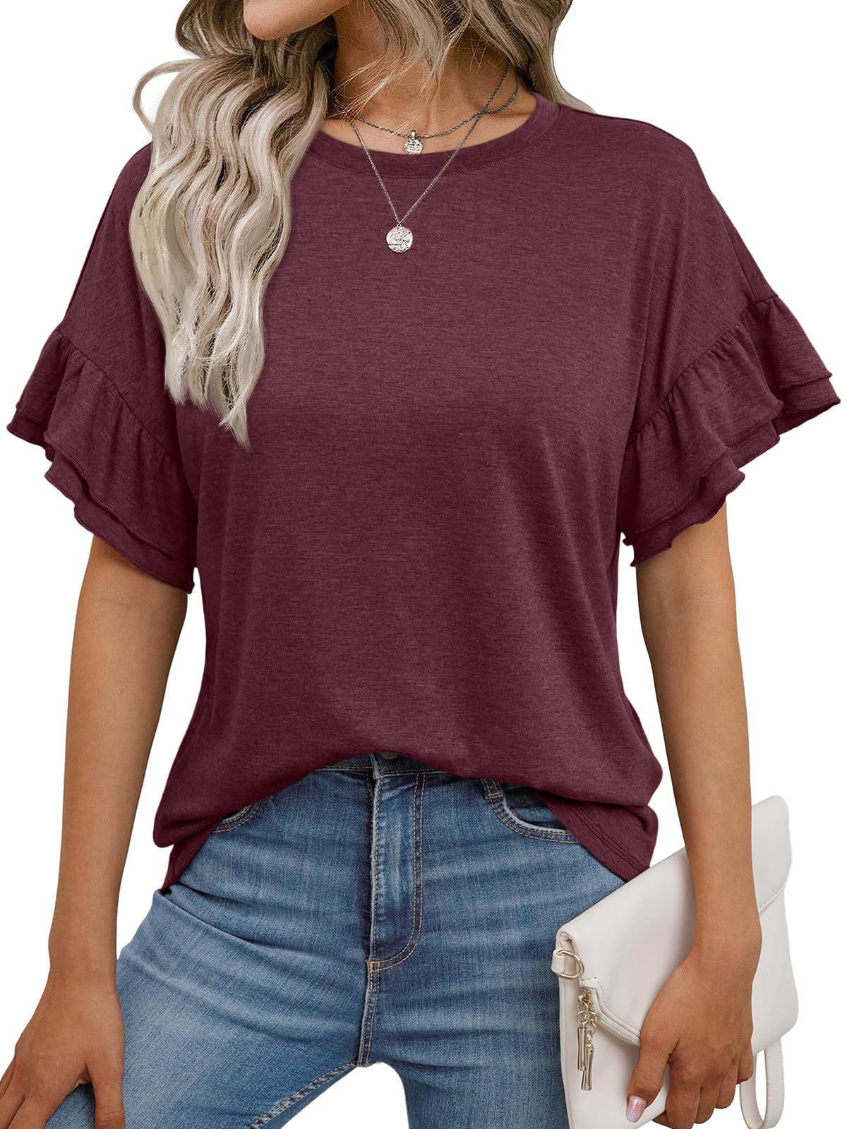 Women’s Ruffle Sleeve Crew Neck Tee Casual Summer Top